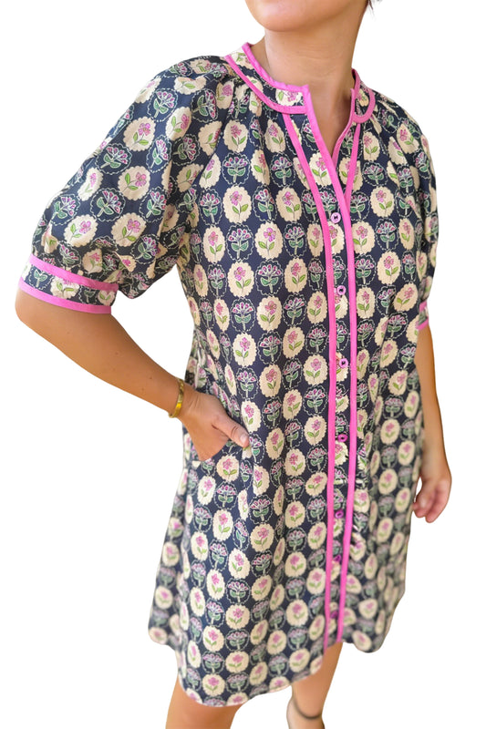 Blue Striped Trim Short Sleeve Vintage Floral Shift Dress