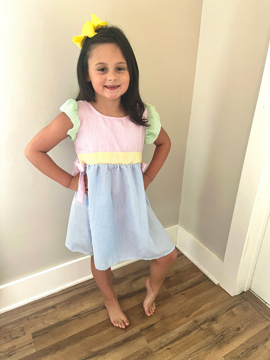 Color-Block Seersucker Girls Dress – Lightweight Summer Boutique Outfit for Toddlers & Kids
