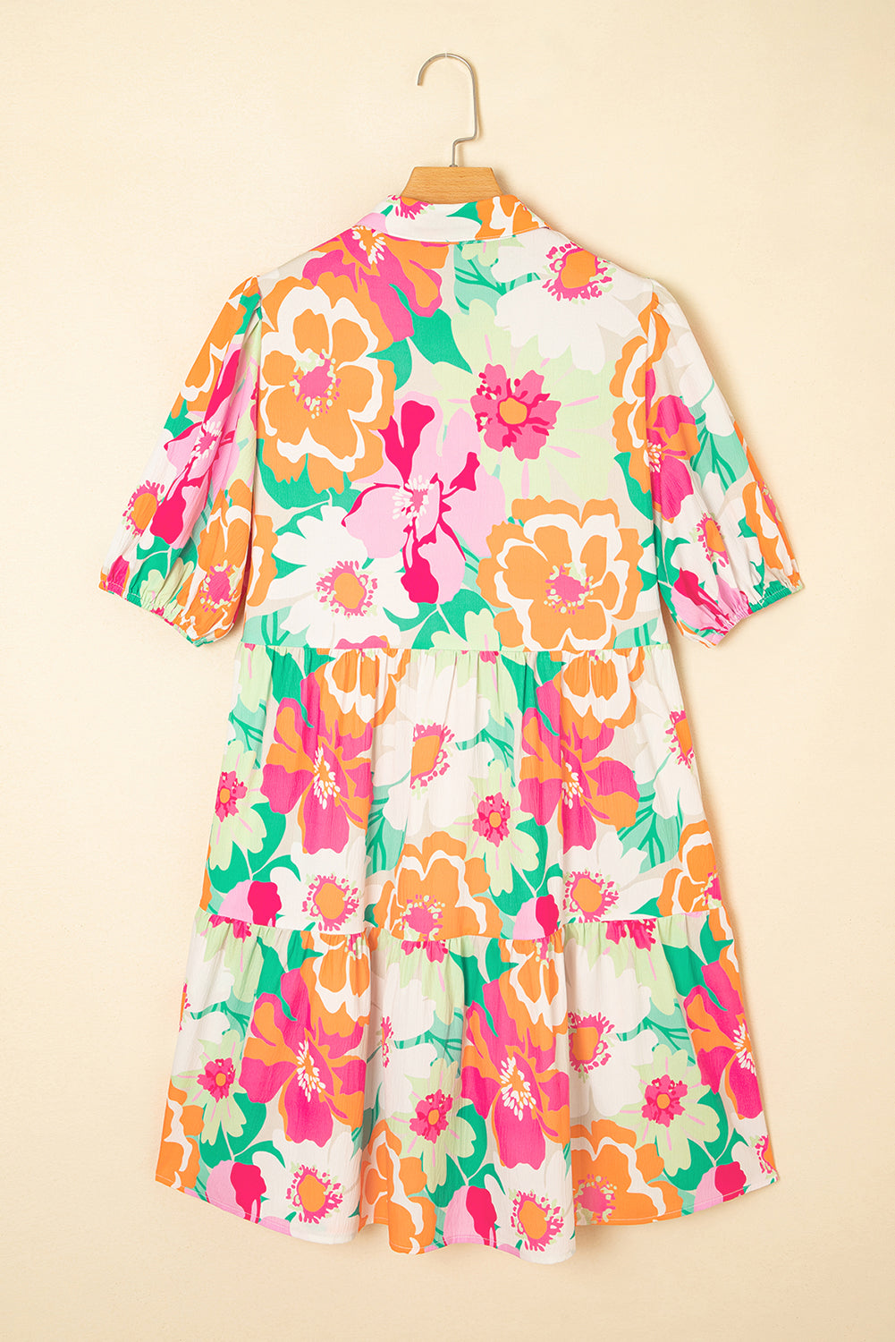 Green Floral Puff Sleeve Buttoned Babydoll Dress