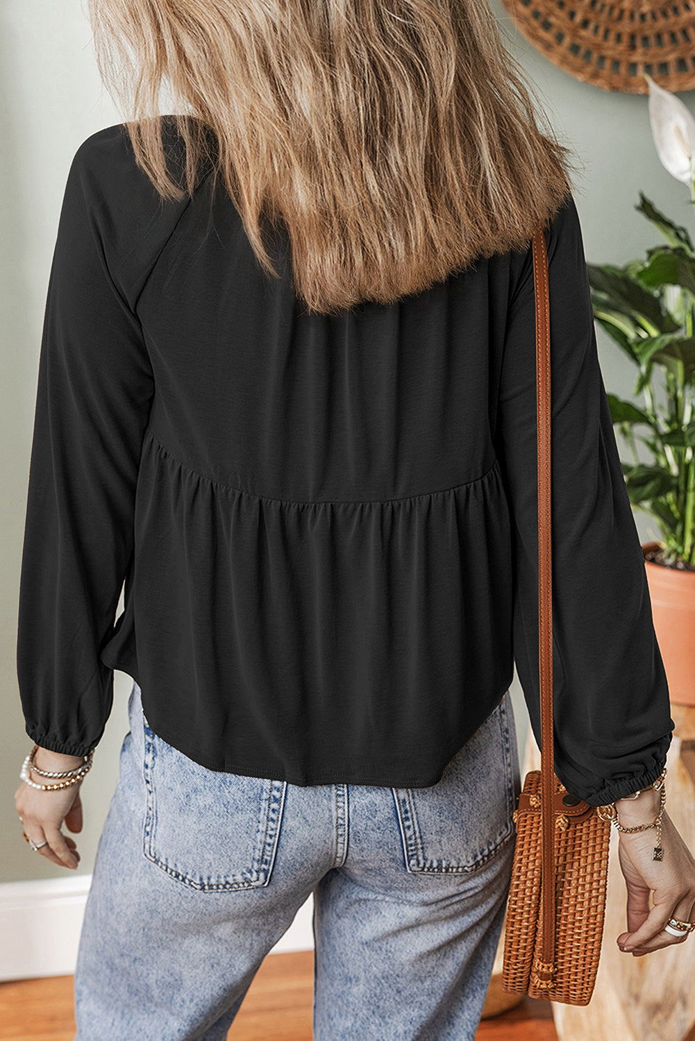 Black Smocked Bust Buttoned Split V Neck Flowy Blouse