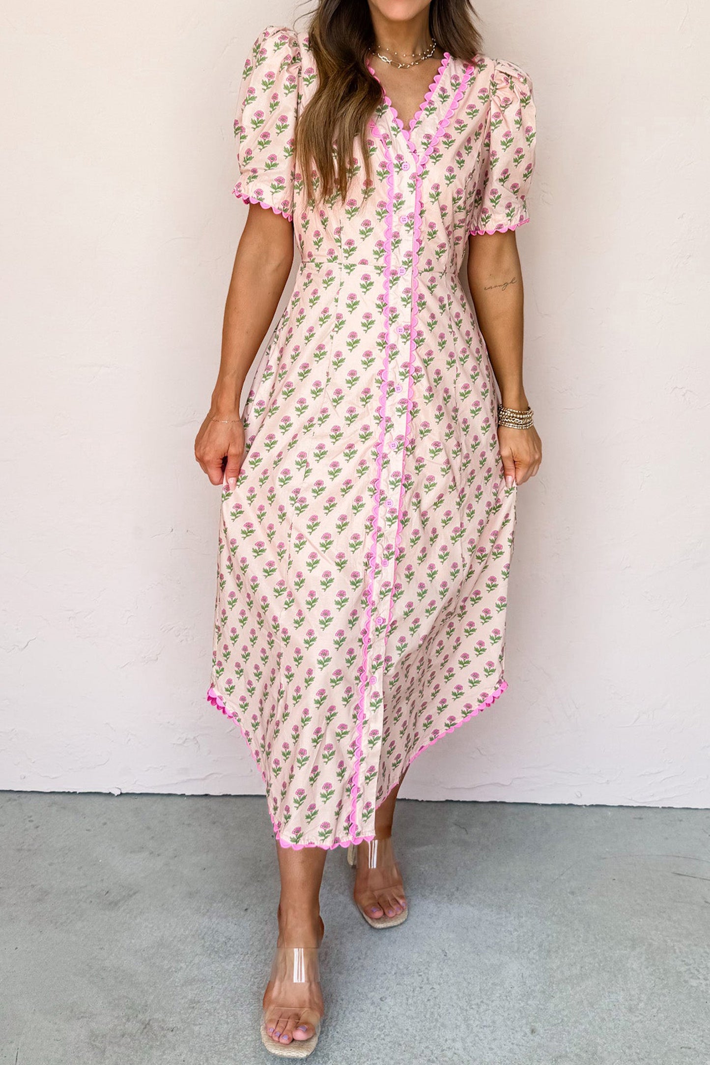 Pink Floral Print V Neck Scallop Trim Button Front Short Sleeve Midi Dress
