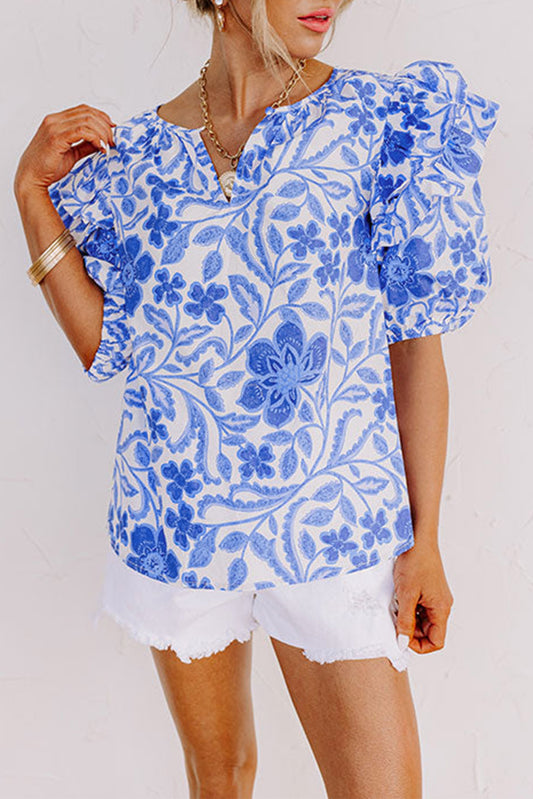 Dark Blue Floral Print Ruffled Bubble Sleeve Blouse – Women’s Boutique Dressy Top