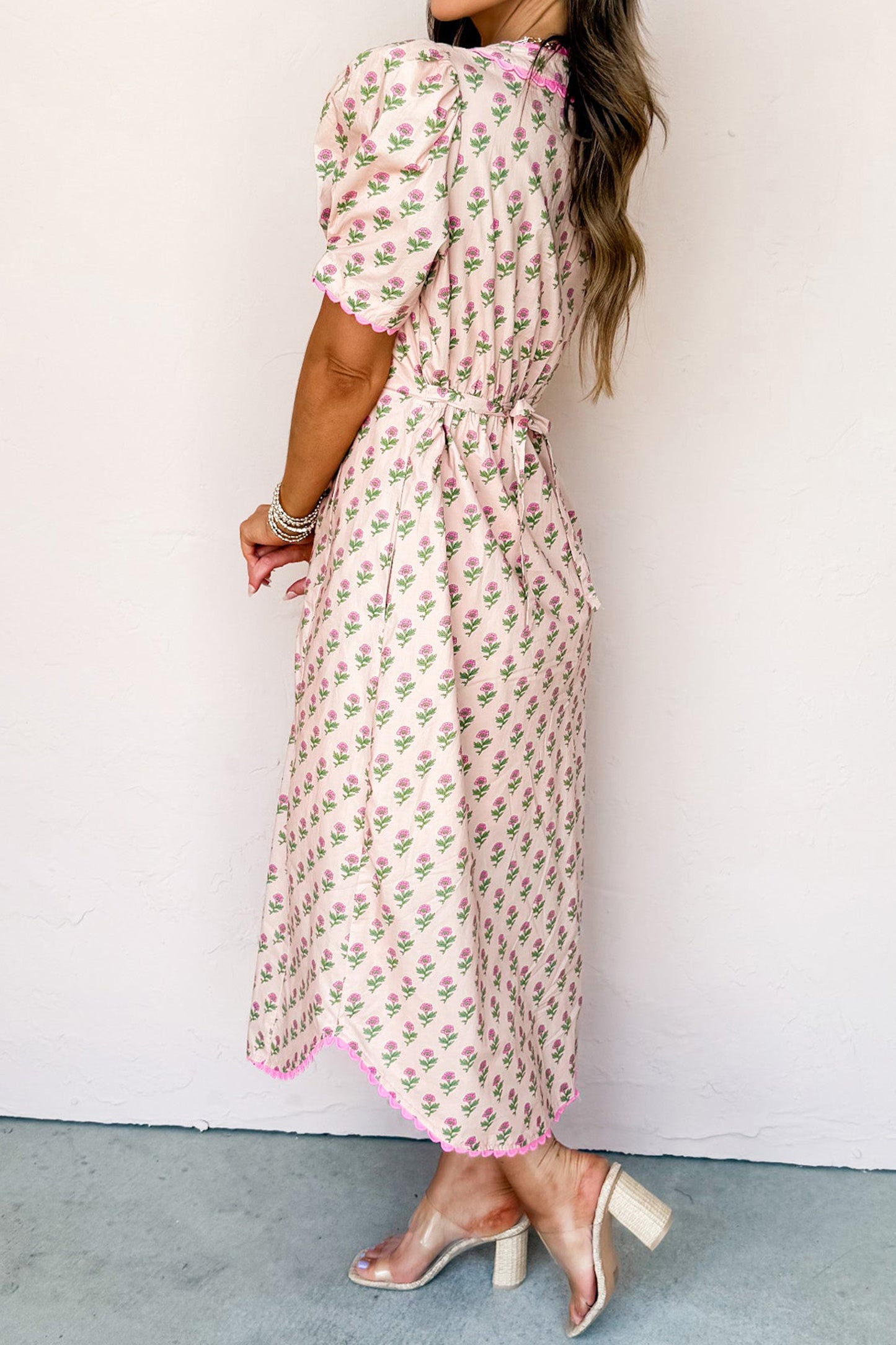 Pink Floral Print V Neck Scallop Trim Button Front Short Sleeve Midi Dress