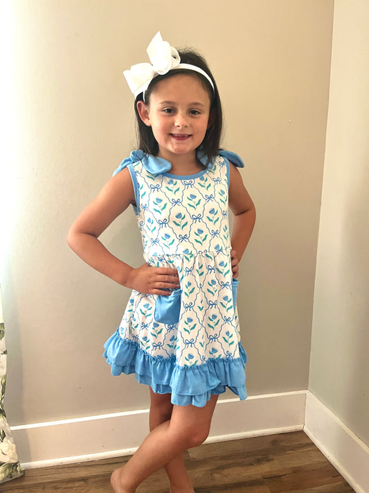 Blue Trellis Bow Dress for Girls – Classic Baby & Toddler Boutique Outfit