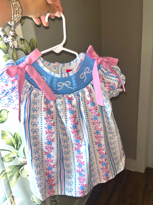 Pink & Blue Bow Smock Dress – Boutique Girls’ Machine-Stitched Dress