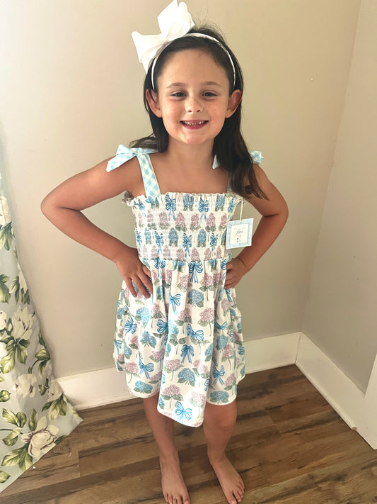 Blue Gingham Hydrangeas and Bows Dress – Boutique Girls Spring & Summer Outfit