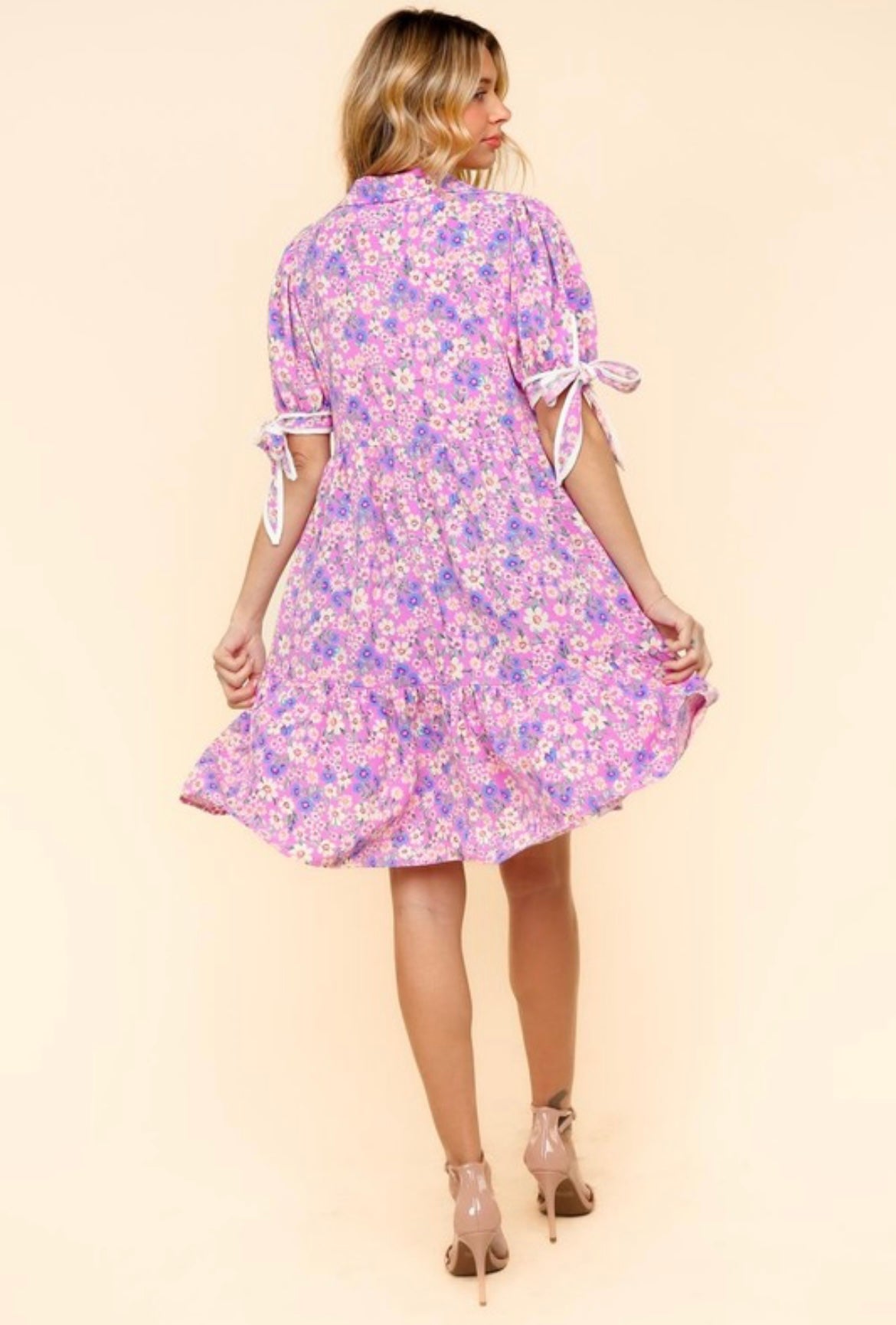 Purple Floral Tie Sleeve Dress