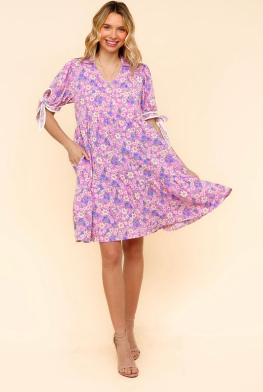 Purple Floral Tie Sleeve Dress
