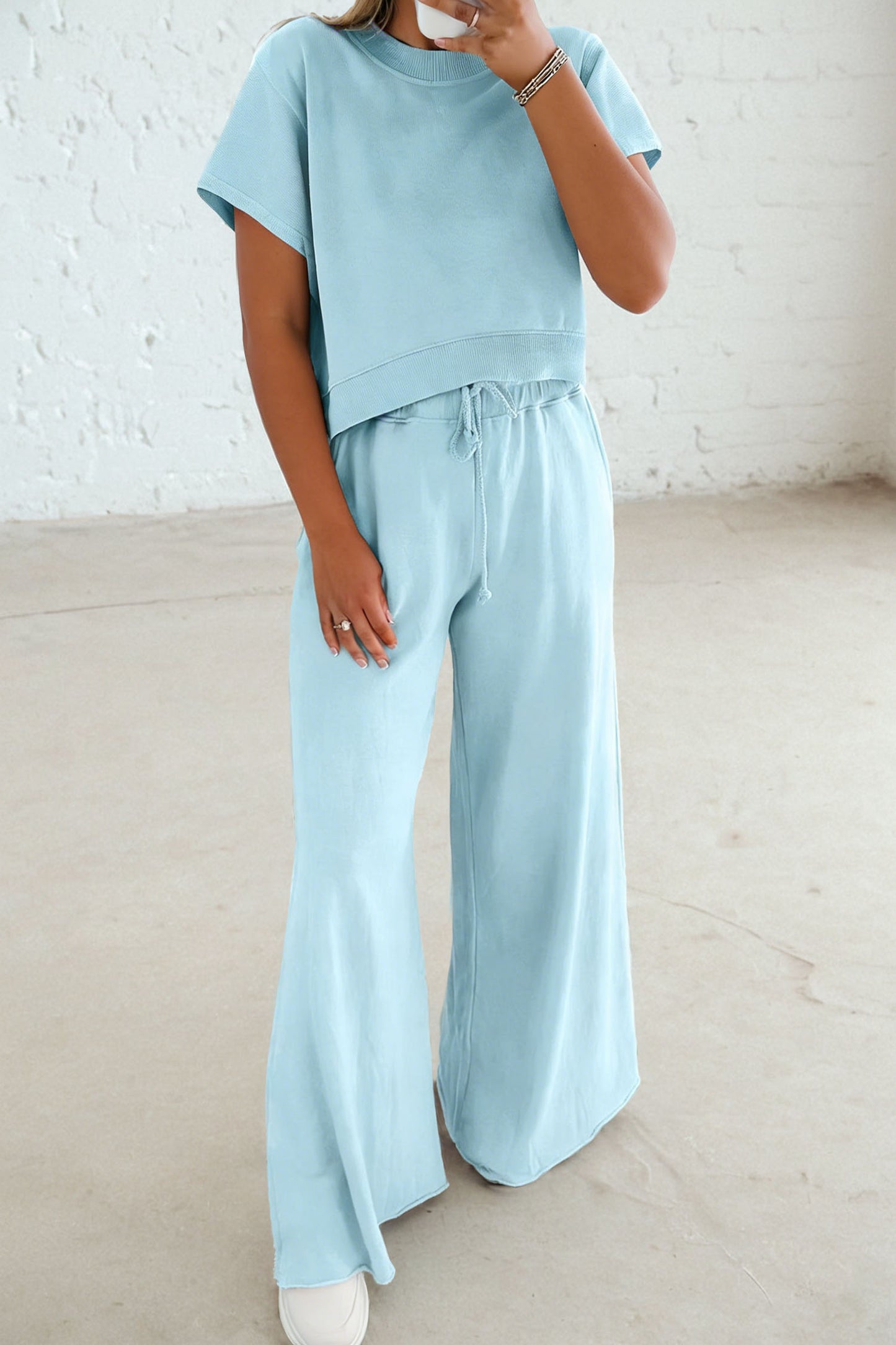 Mist Blue Solid Color Loose Tee Drawstring Wide Leg Pants 2pcs Outfit