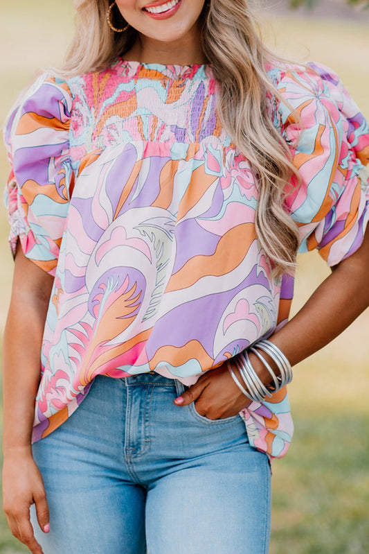Pink Abstract Print Smocked Bubble Sleeve Blouse