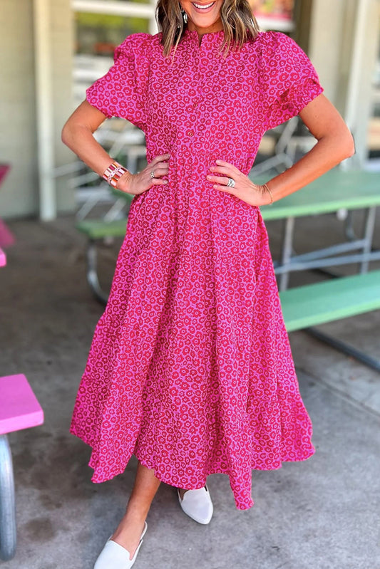Wholesale Rose Red Mock Neck Puff Sleeve Floral Tiered Maxi Dress – Elegant Women’s Boutique Dress