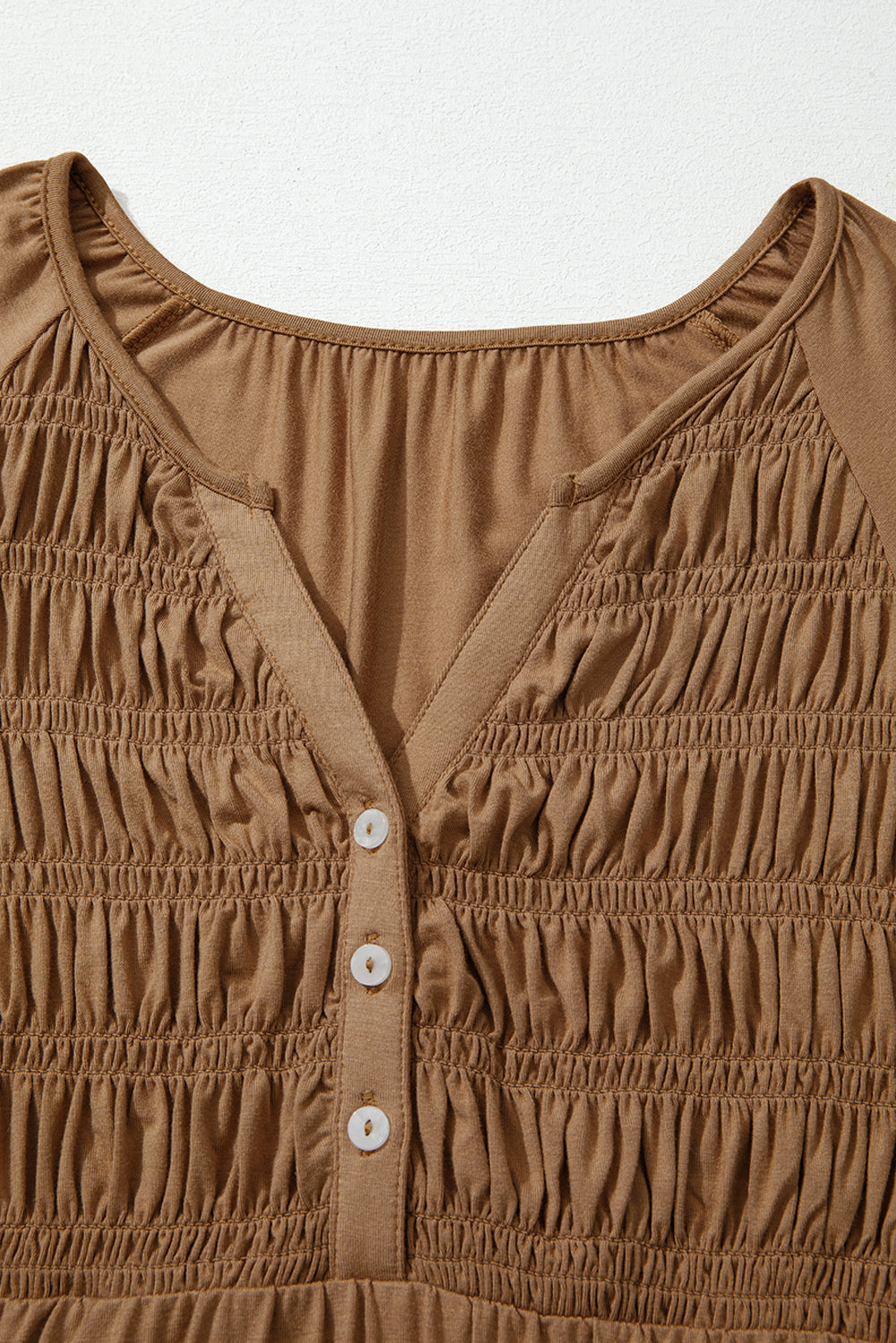 Black Smocked Bust Buttoned Split V Neck Flowy Blouse