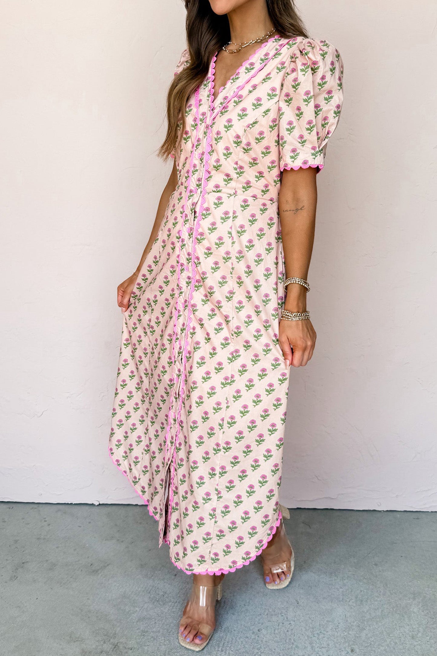 Pink Floral Print V Neck Scallop Trim Button Front Short Sleeve Midi Dress