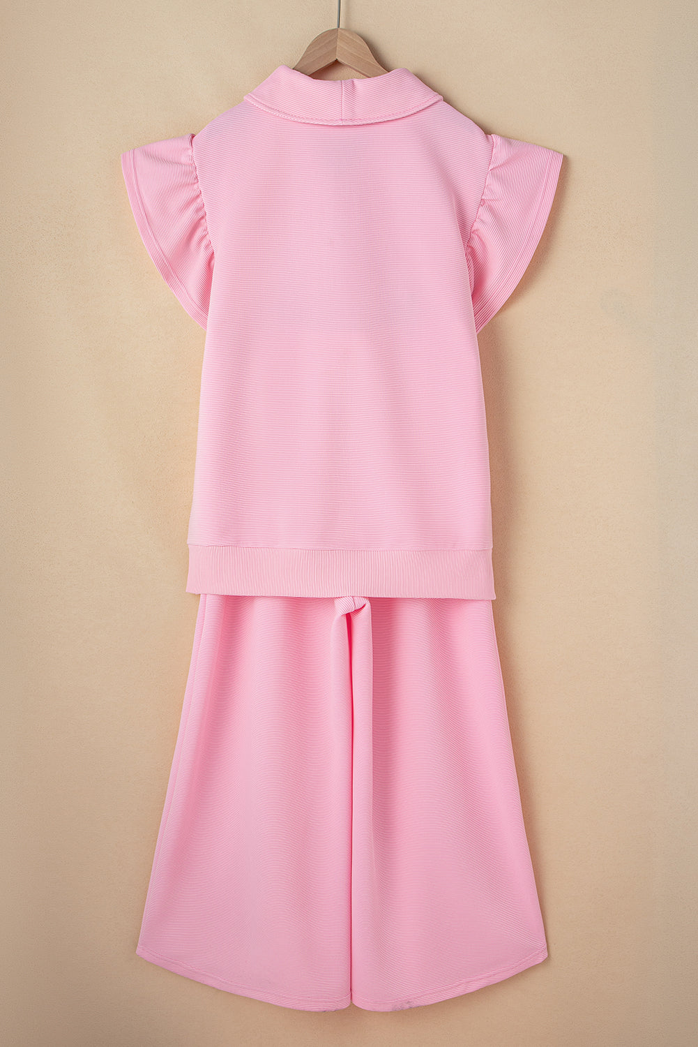 Pink Textured Ruffle Sleeve Zipped Top and Wide Leg Pants Set