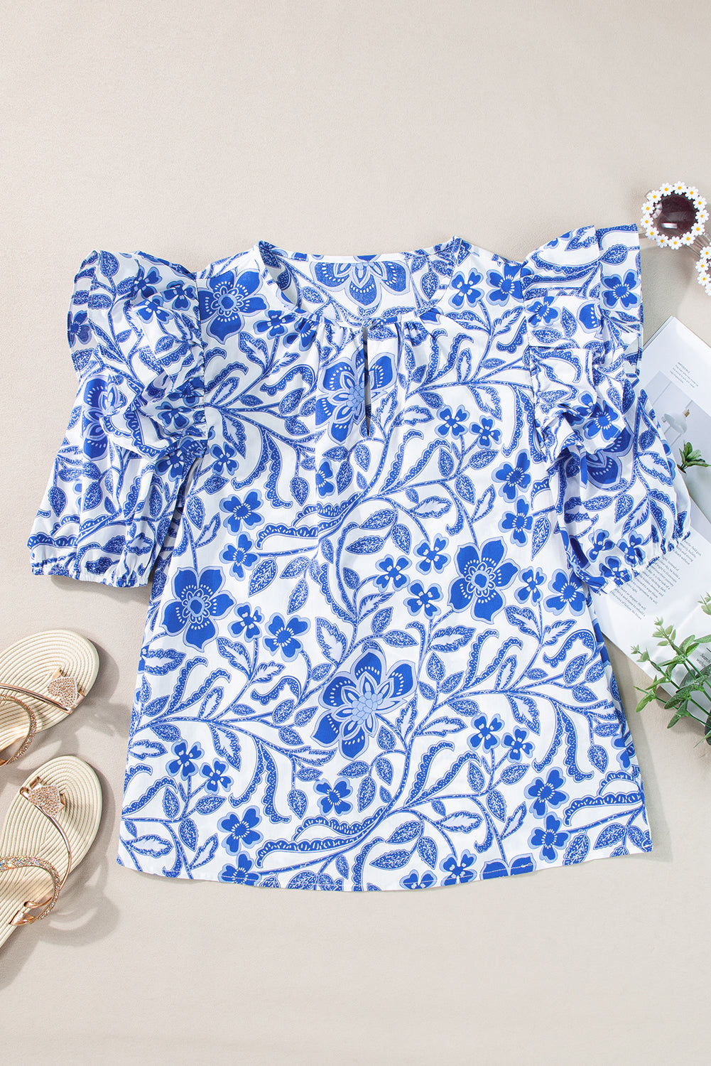 Dark Blue Floral Print Ruffled Bubble Sleeve Blouse – Women’s Boutique Dressy Top