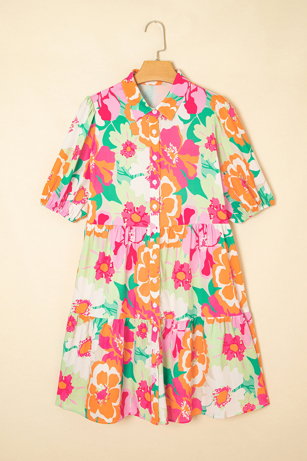 Green Floral Puff Sleeve Buttoned Babydoll Dress