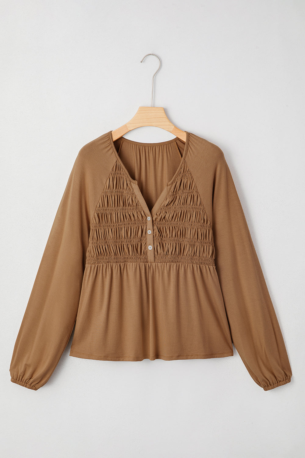 Black Smocked Bust Buttoned Split V Neck Flowy Blouse