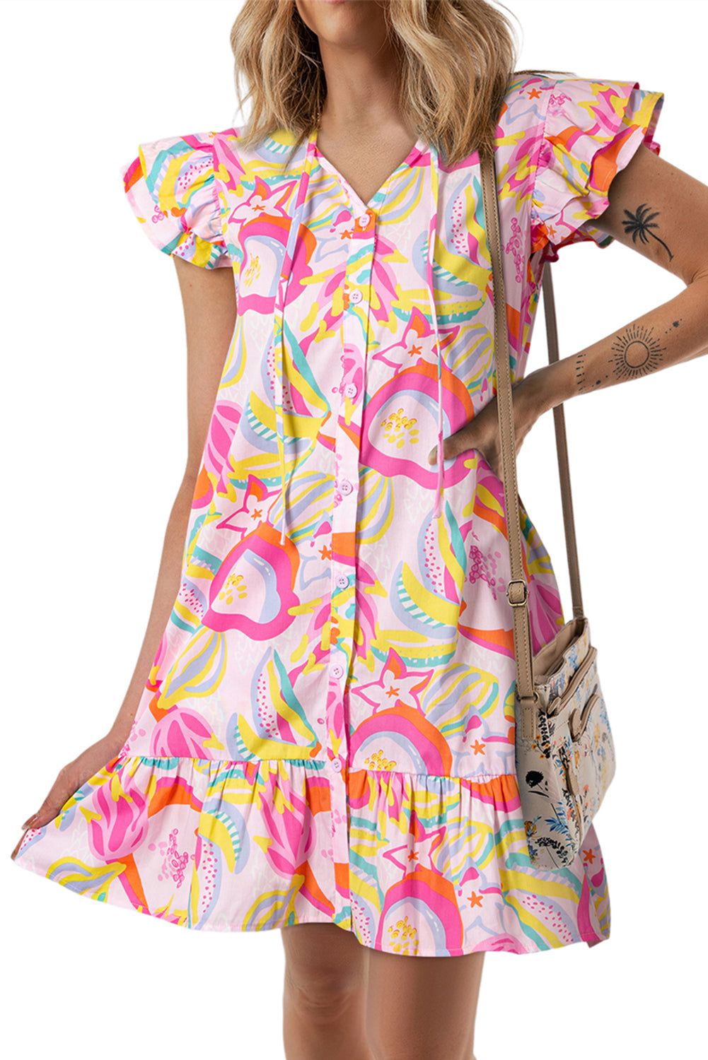 Pink Button Front Frill Neck Ruffle Trim Abstract Mini Dress