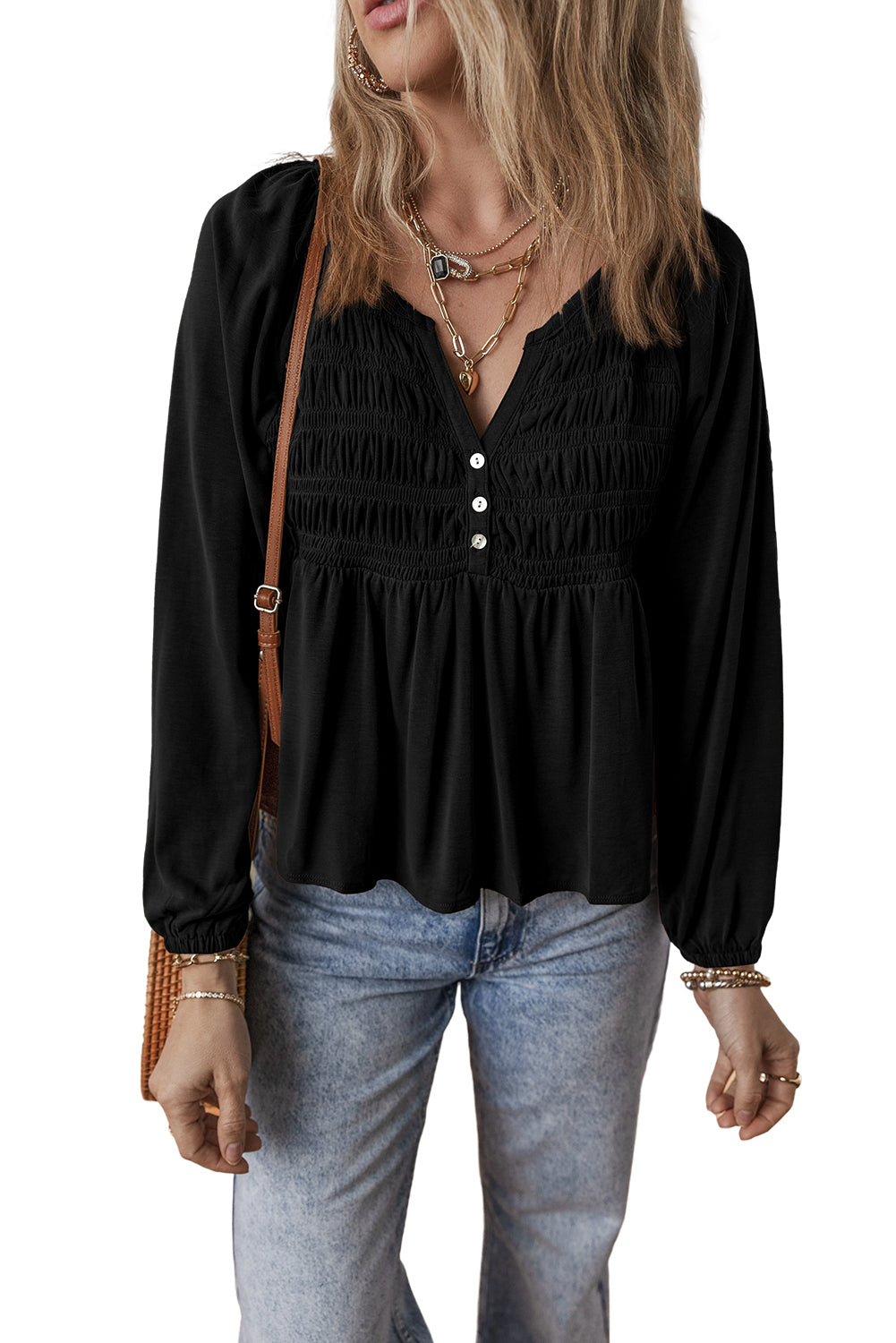 Black Smocked Bust Buttoned Split V Neck Flowy Blouse